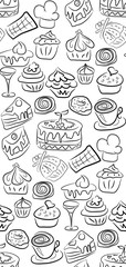 Hand drawn sweets and candies pattern. doodles. Isolated food on white background. Seamless texture.
