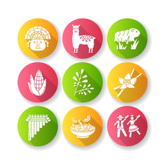 Peru flat design long shadow glyph icons set. Hispanic history, traditions, cuisine. Incas, alpaca, guinea pig, corn, coca, vanilla, ceviche, marinera. Silhouette RGB color illustration