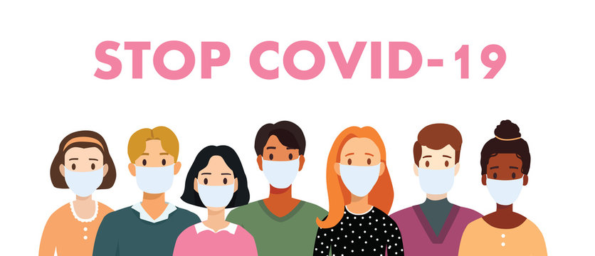 Vector flat illustration people of different nationalities. Set of man and woman in medical masks. Stop coronavirus. Covid-19. Save your health and stop the spread of the epidemic. Virus corona text.