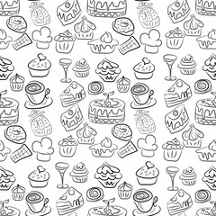 Hand drawn sweets and candies pattern. doodles. Isolated food on white background. Seamless texture.