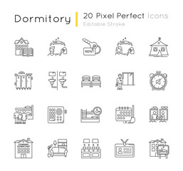 Dormitory pixel perfect linear icons set. Communal space. Living accommodations. Shared room. Customizable thin line contour symbols. Isolated vector outline illustrations. Editable stroke