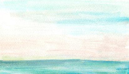 Hand painting Watercolor illustration of  aquamarine sea, blue sky background. Sea landscape. Best design for banner, print, magazine, book, travel agency