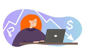 An anxious girl is sitting at laptop. The fall in the exchange rate of currencies and stocks. Ruble devaluation. Concept of the global financial crisis.