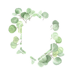 Eucalyptus frame composition on white background. Watercolor hand drawn illustration