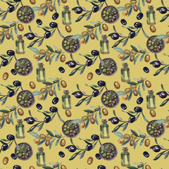 olives set provence seamless pattern  print textile natural oil watercolor patterns on a yellow background