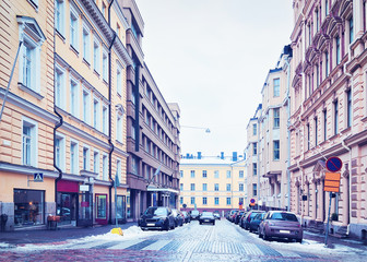 Street and people in city center Helsinki