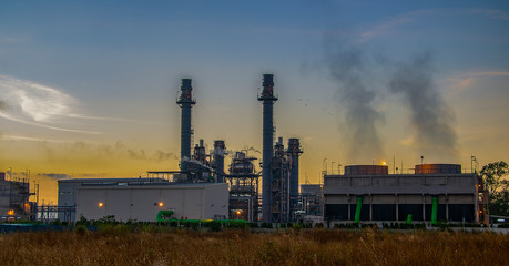 Fototapeta na wymiar Gas turbine electrical power plant with twilight