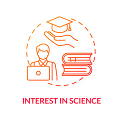 Interest in science red concept icon. Student curiosity in studying. Academic education in college. Scientific literacy idea thin line illustration. Vector isolated outline RGB color drawing