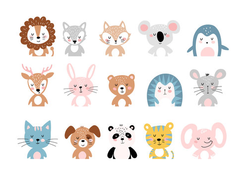 Cute animals, a large set of simple colorful cartoon characters for children. Wild, tropical, forest animals. Vector illustration isolated on a white background