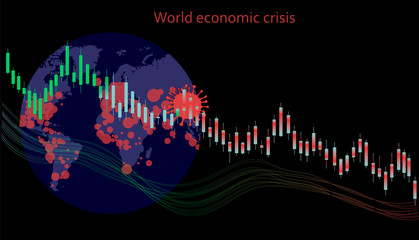Vector stock market illustration. Changes in the stock market due to a coronavirus pandemic . Forex trading graph in graphical form. World economic crisis. World map spread of the virus. 2019-nCov.