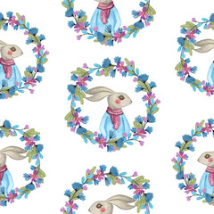Watercolor seamless pattern with cute bunny in a wreath isolated on white background. Print with easter rabbit in a spring wreath. Girl's pattern for fabrics, scrapbooking and a postcard.