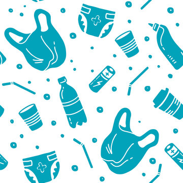 Endless Set No Plastic. Hand Drawn Color Vector Seamless Pattern. Bottle, Straw, Canister, Battery, Plastic Cup, Diaper, Package, Bag, 