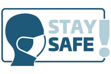 STAY SAFE! sign. Man face in profile with mask icon vector isolated on white background. Breathing mask on face flat vector. Head in profile.