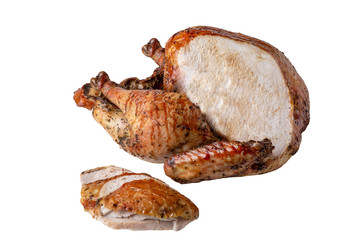 Organic whole young roast Turkey with a crispy crust. Isolated on a white background.