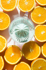 Orange fruit and orange squeezer juice, vitamin c to fight the coronavirus, top view image