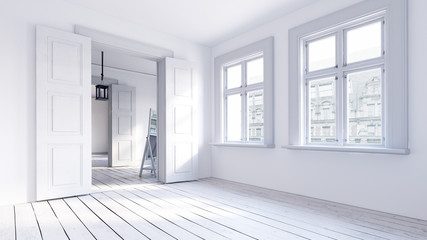 Fototapeta premium Scandinavian empty apartment interior without furniture with large wall and landscape in window. Home nordic interior. 3D illustration