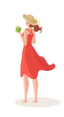 Beautiful woman with cocktail on sea beach in summer dress and sun hat cartoon vector illustration isolated on white. Woman with coctail in cocos relax on vacation, travelling recreation idea.