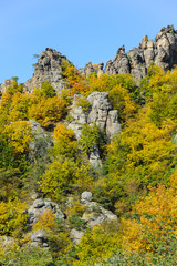 Interesting rock formation and colorful trees in autumn