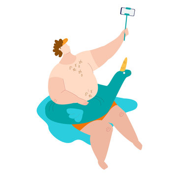 Body positive fat man in swimsuits in sea makes picture selfie in inflatable circle, plus size caucasian man isolated on white flat vector illustration. Body positive lifestyle people with overweight.
