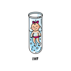 IVF, In vitro fertilization. Vector linear flat illustration. Baby girl embryo floats in a test tube. Outline logo for Infertility Clinic, IVF Center. Infertile couple, fertility problem.