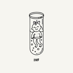 IVF, In vitro fertilization. Vector linear flat illustration. Baby girl embryo floats in a test tube. Outline logo for Infertility Clinic, IVF Center. Infertile couple, fertility problem. RGB