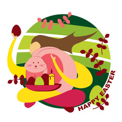 Happy Easter. A person hugs a rabbit. icon with the image of a person in a circle