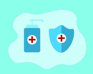 Healthcare alcohol gel and mask protect virus flat design.