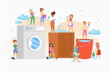 Fototapeta premium Cleaning house women washing company cartoon isolated composition, interior services household equipment and tools vector illustration. Woman cleans, irons, maintains house cleanliness.