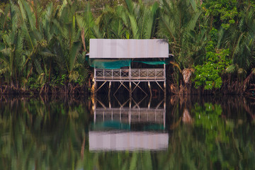 Wooden house boxe in the Cambodian jungle along the Preaek Tuek Chhuk River in Kampot.