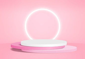 Background vector 3d pink rendering with podium and minimal pink wall scene, minimal abstract background 3d rendering abstract geometric shape pink pastel color. Stage for awards on website in modern.