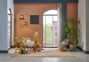 Brown living room and wall background with window view. Wicker chair and botanic plant style.