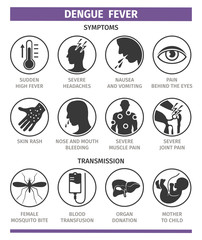 Symptoms and transmission of dengue fever. Template for use in medical agitation. Vector illustration, flat icons.