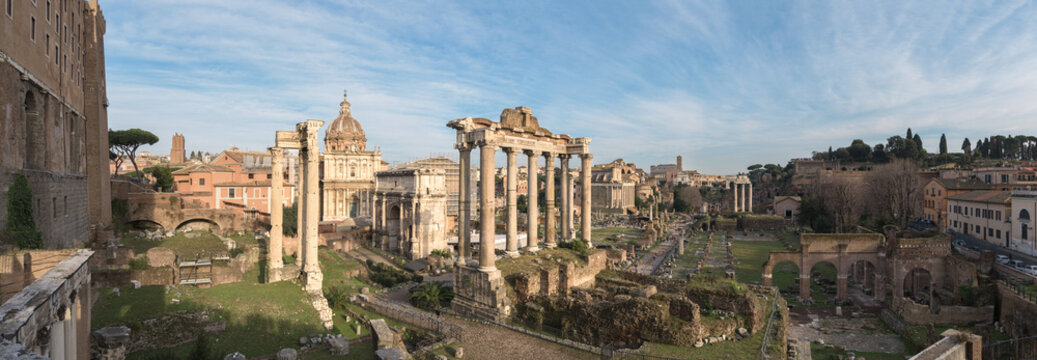 Ruins of the Roman Forum at dusk in Rome, Italy
