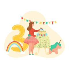 Happy birthday girl, number three letter ballon decoration, cake, gifts, unicorn toy isolated on white cartoon vector illustration. Birthday child party, presents and decoration anniversary.
