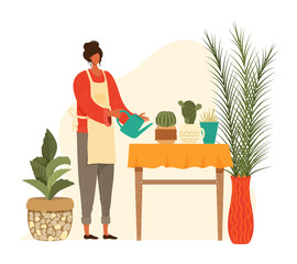 Pot home plants and woman planter gardening, urban cactus and cacti, palms collection isolated on white vector illustration. People living in city cultivating houseplants, growing greenery in pots.