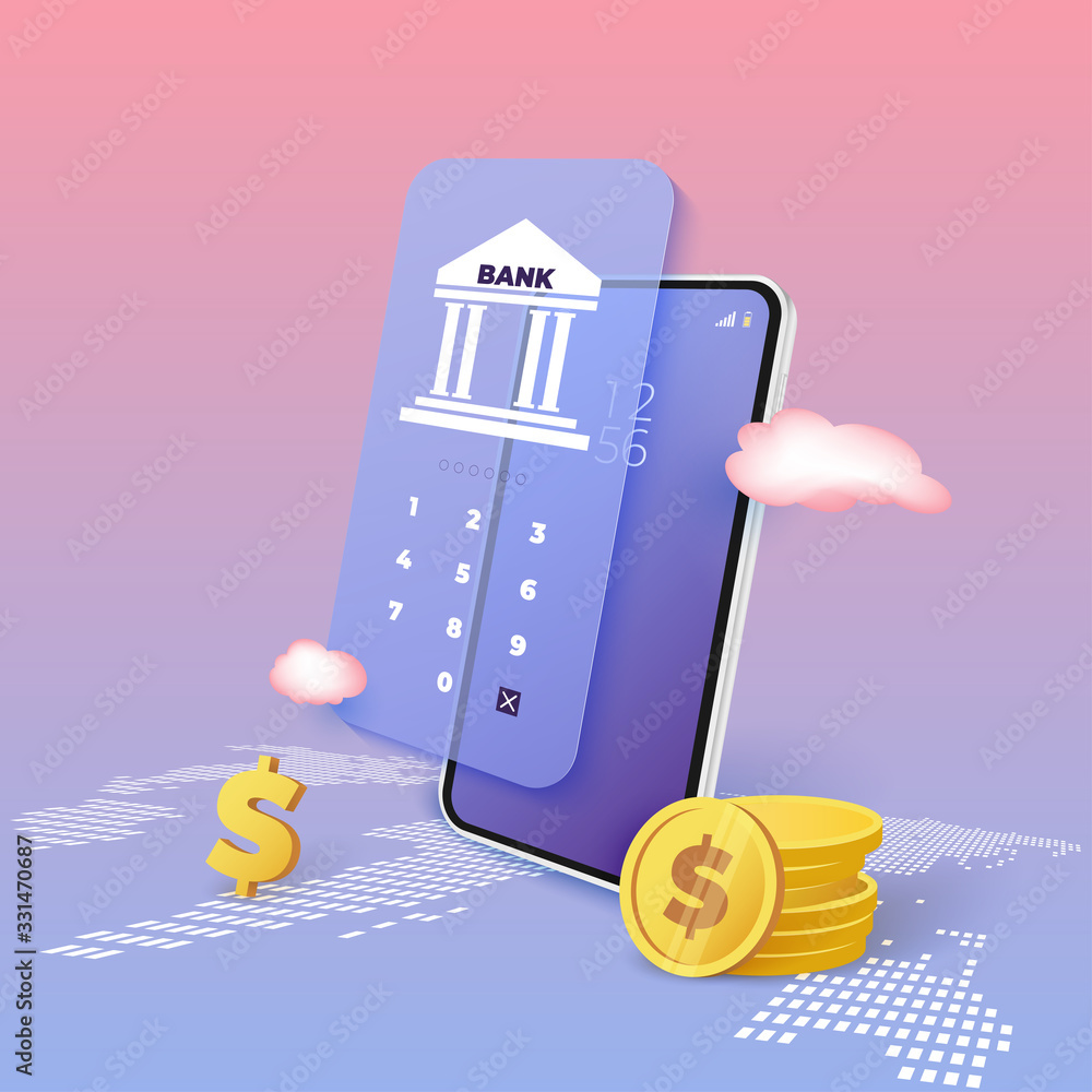 Poster Business finance banking with mobile application and money coin on world map. login screen with security concept. vector 3d illustration.