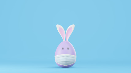 Easter eggs with rabbit ears are wearing masks. Image showing that the coronavirus is affecting Easter. 3D rendering.