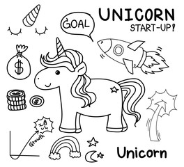 unicorn, money, growth graph and rocket startup doodle art vector.