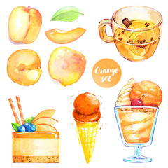orange dessert sweet jelly icecream cake hollyday summer fruit cafe tropical watercolor isolated