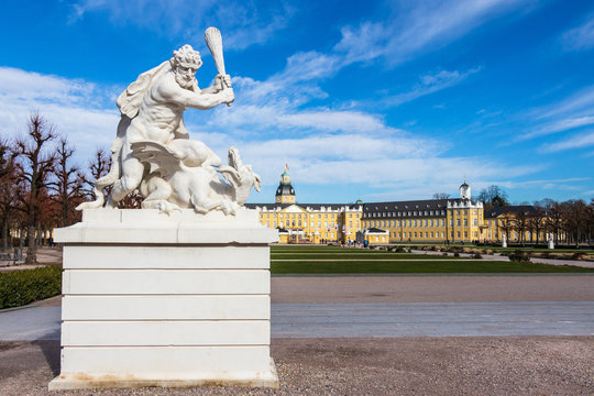 Sculpture with Castle Garden, Square and Castle Karlsruhe. In Baden-Wuerttemberg, Germany. Europe