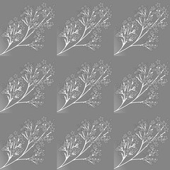 A sprig of cherry blossoms is pale gray. Monochrome twig of Japanese sakura on a gray background. Seamless (background). Abstract illustration of a gentle gray color for printing on fabric, paper.