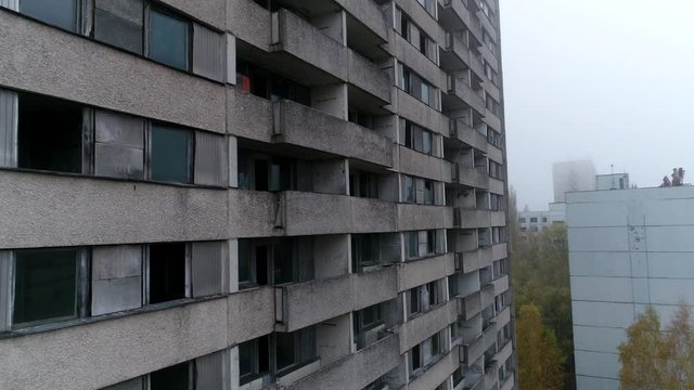 Video from a drone in an abandoned city of Pripyat in the Chernobyl exclusion zone. Abandoned houses in fog 3