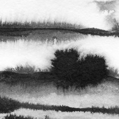 Abstract landscape ink hand drawn illustration. Black and white ink winter landscape with river. Minimalistic hand drawn illustration card background poster banner. Hand drawn watercolor black lines. - 331472832