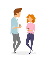 Vector illustration of young man and woman who are drinking coffee and talking. 