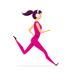 Cute fitness running girl with  headphones. Vector illustration isolated on white background