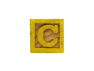 Close up of wooden alphabet block toy isolated on white background. English character. English letter. Child toy. Cube toy. Kids toy.