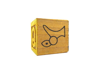 Close up of wooden alphabet block toy isolated on white background. English character. English letter. Child toy. Cube toy. Kids toy.