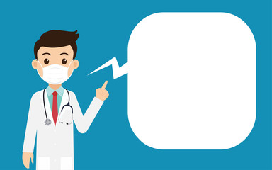 Cartoon doctor wearing protective mask and pointing finger with a speech bubble