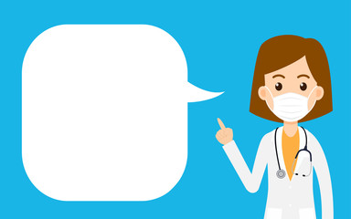 Cartoon women doctor wearing protective mask and pointing finger with a speech bubble