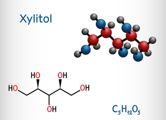 Xylitol,  C5H12O5 molecule. It is polyalcohol and sugar alcohol, an alditol. Is used as food additive E967 and sugar substitute.  Structural chemical formula and molecule model
